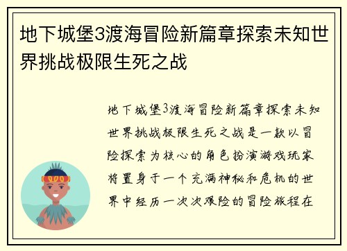 地下城堡3渡海冒险新篇章探索未知世界挑战极限生死之战